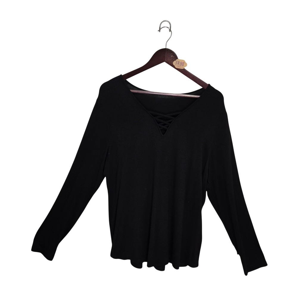 Black Criss Cross V-Neck Long Sleeve Lattice Front Top Rayon Spandex Stretch